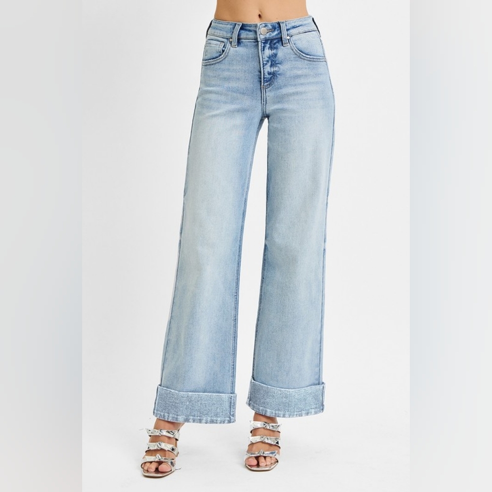 RISEN High-Rise Tummy Control Waist Pants Wide Leg Crop Cuffed Hem Denim Jeans - Picture 5 of 13